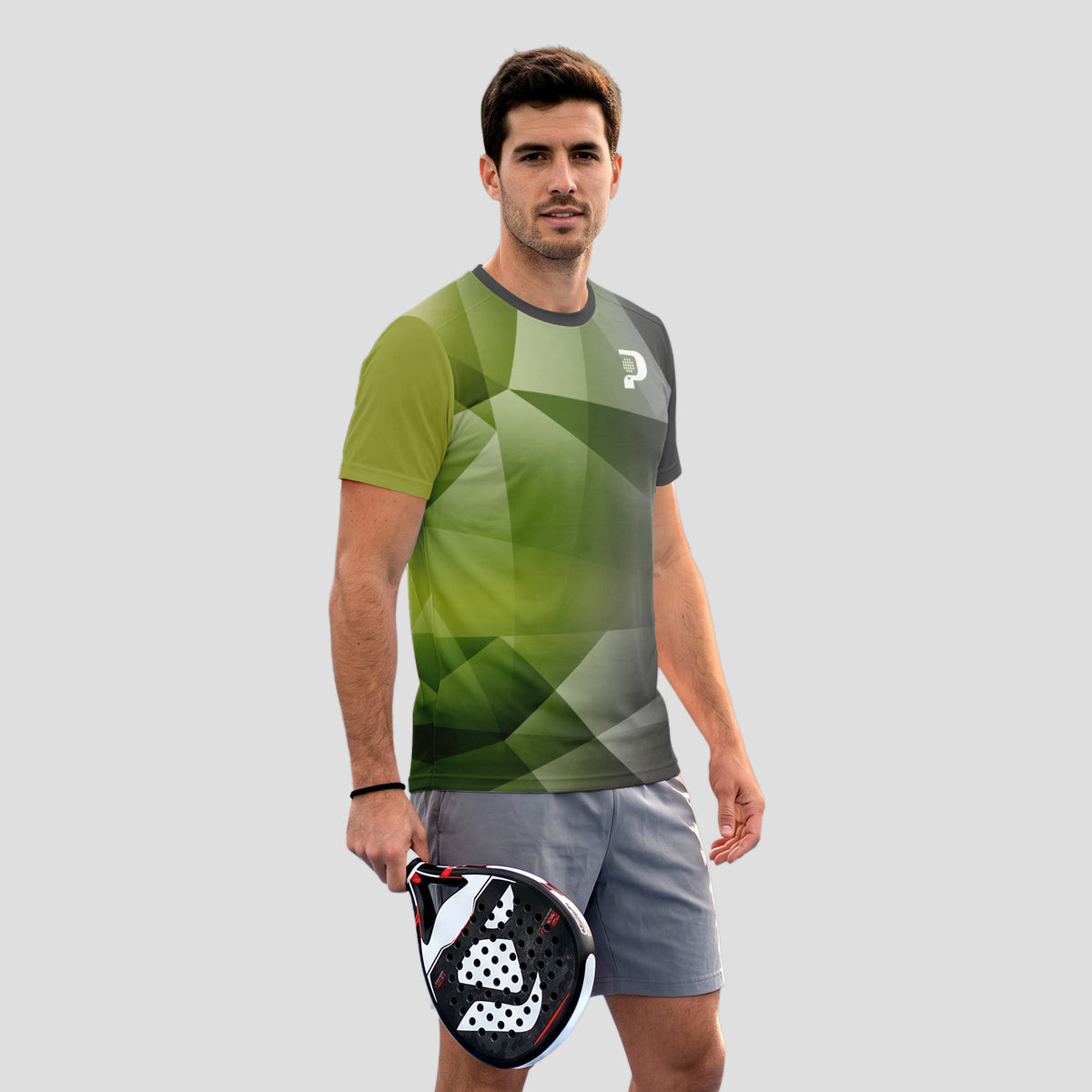 Patrón de Polígonos Verde Musgo Gris Camiseta de Pádel