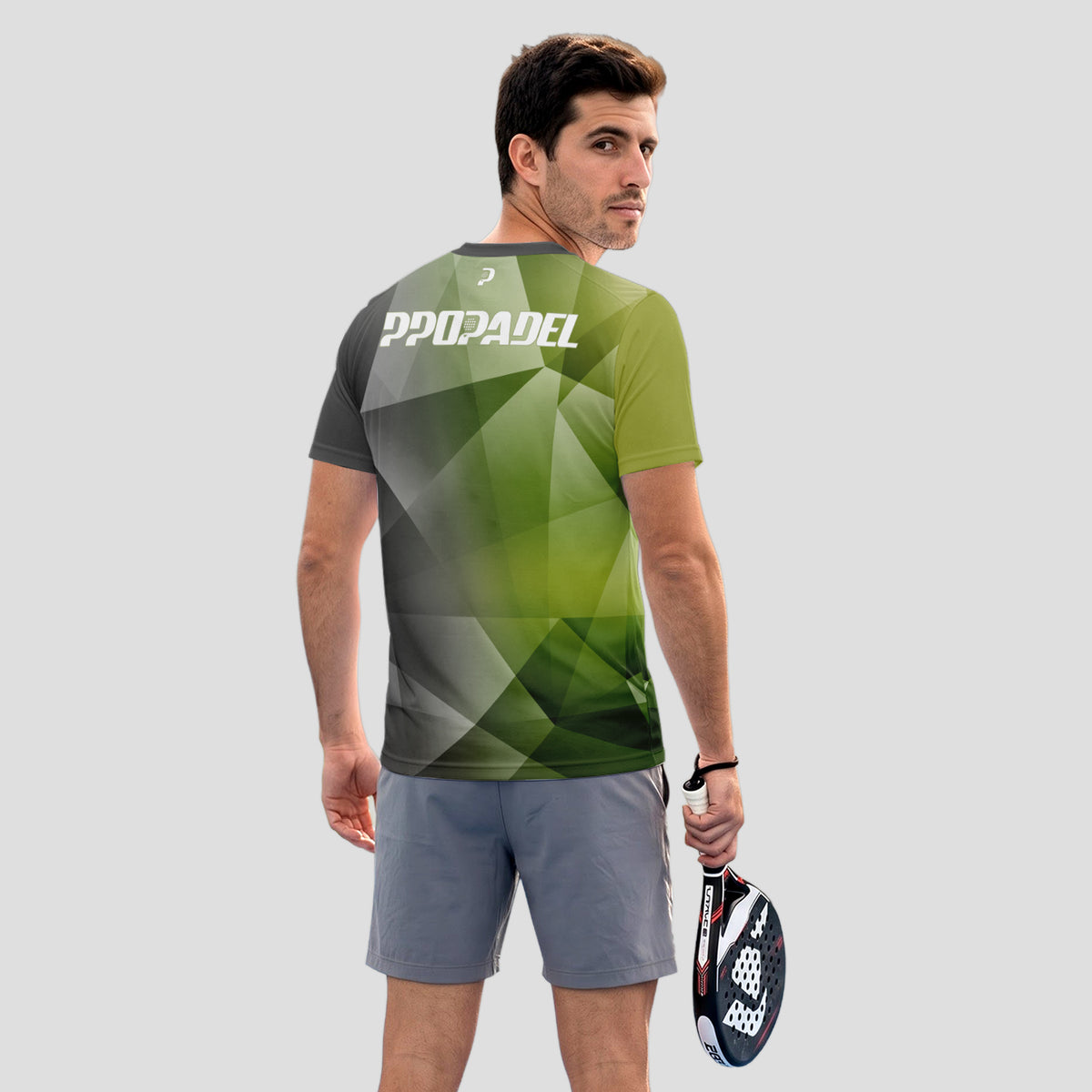 Patrón de Polígonos Verde Musgo Gris Camiseta de Pádel