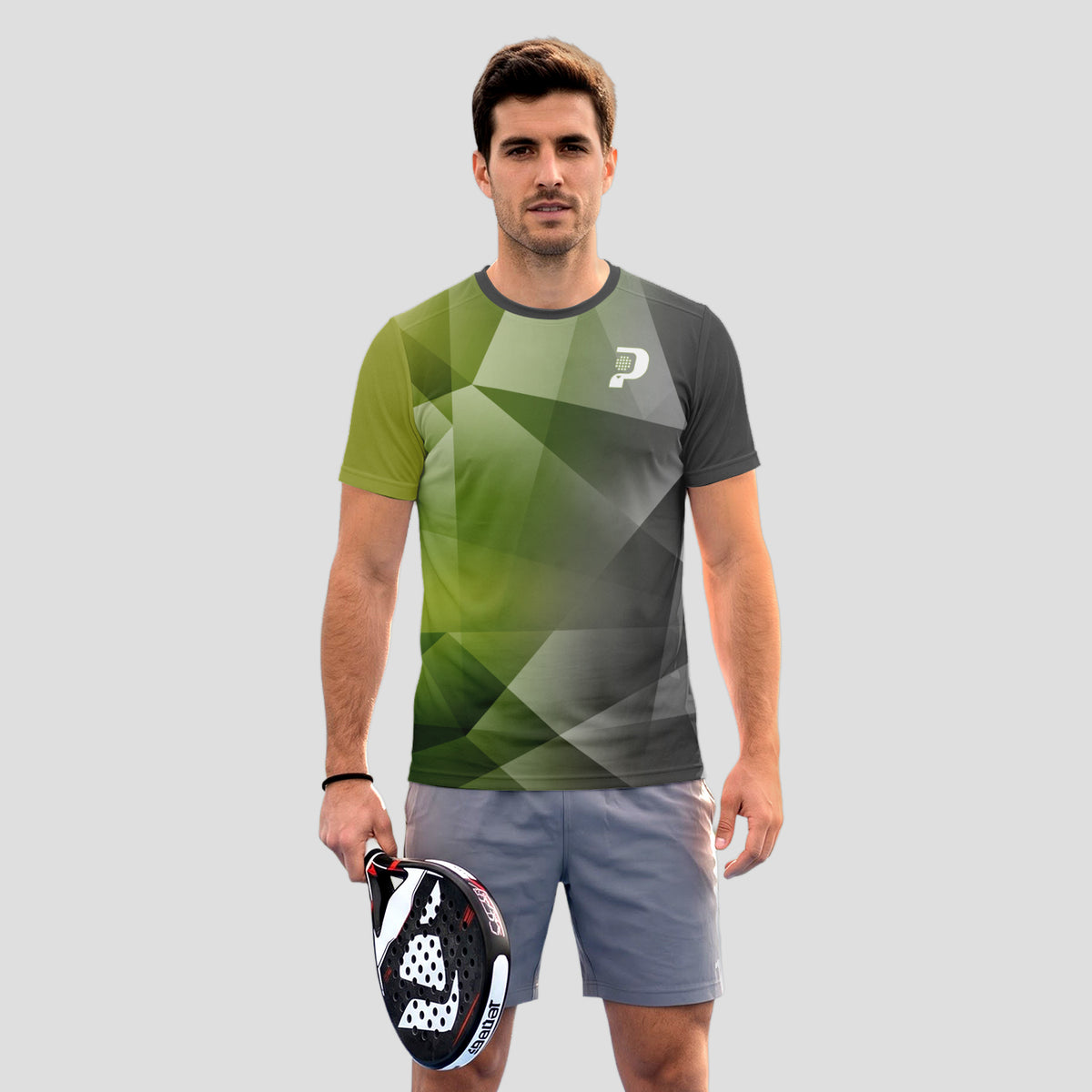 Patrón de Polígonos Verde Musgo Gris Camiseta de Pádel