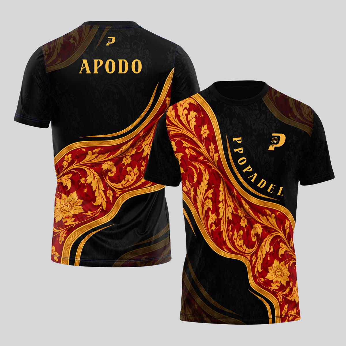 Baroque Design with Golden Leaves and Black Background Padel T-Shirt