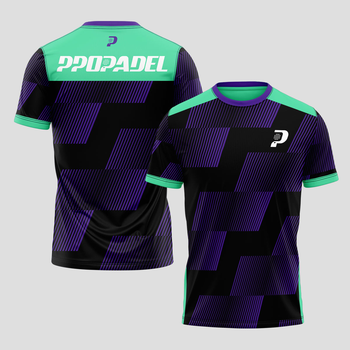 Morado y Verde Menta Geométrico – Camiseta de Pádel