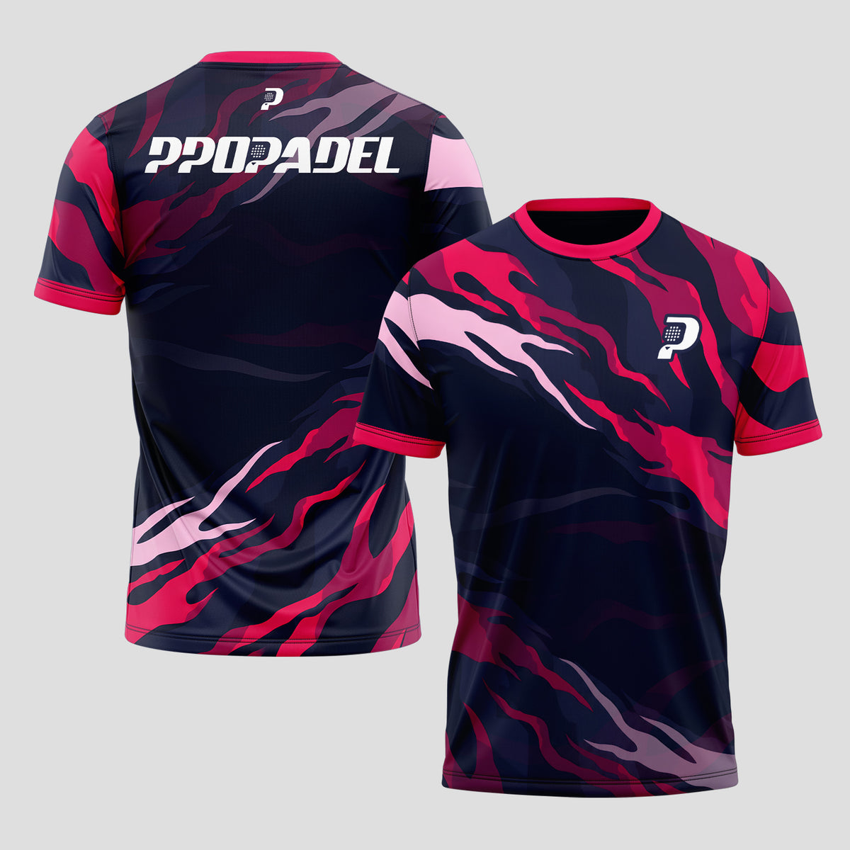 Rosa Fucsia y Azul Marino Llamas – Camiseta de Pádel