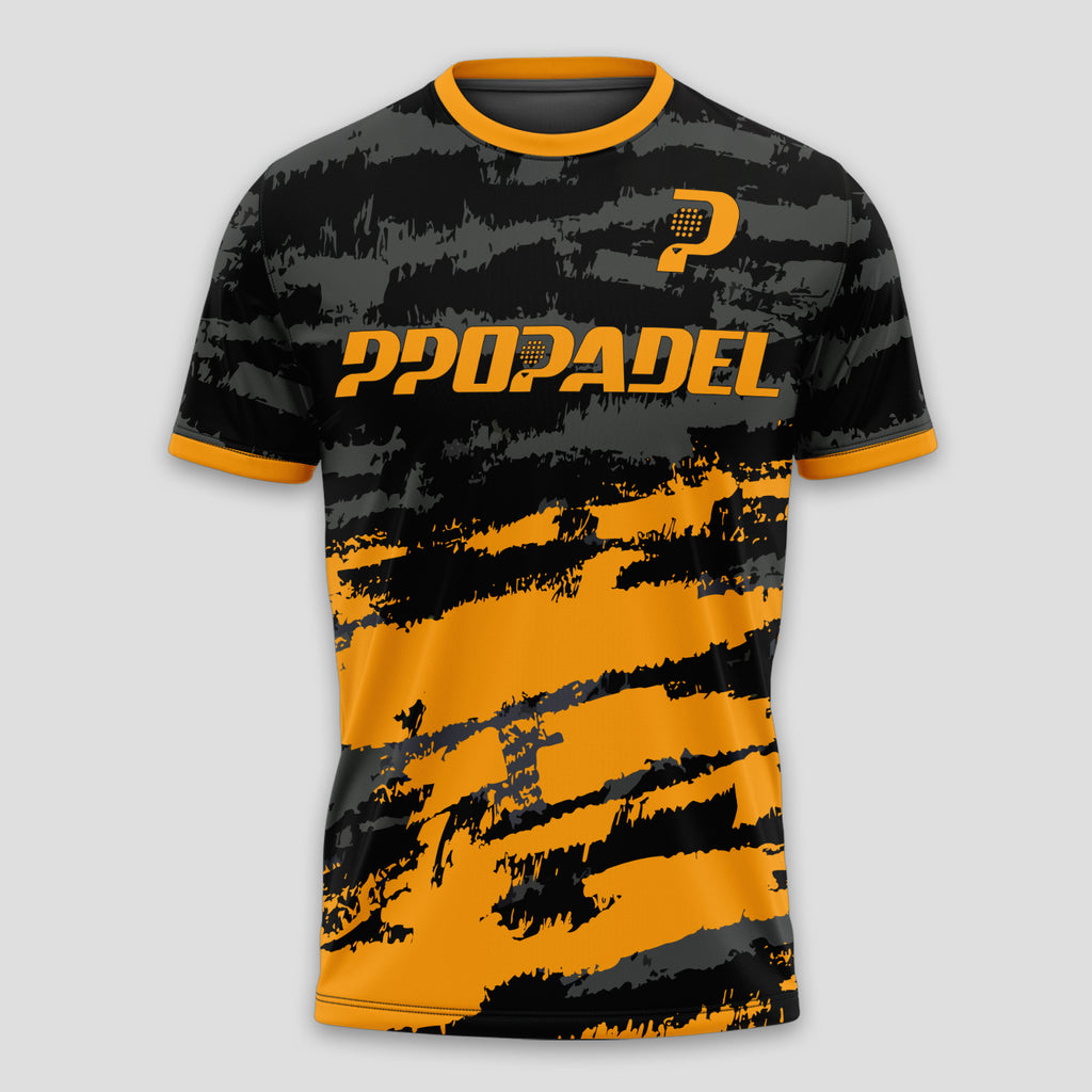Negra Camuflaje Naranja y Gris – Camiseta de Pádel