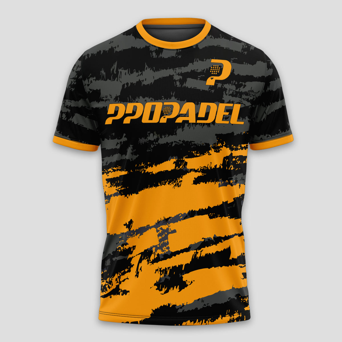 Negra Camuflaje Naranja y Gris – Camiseta de Pádel