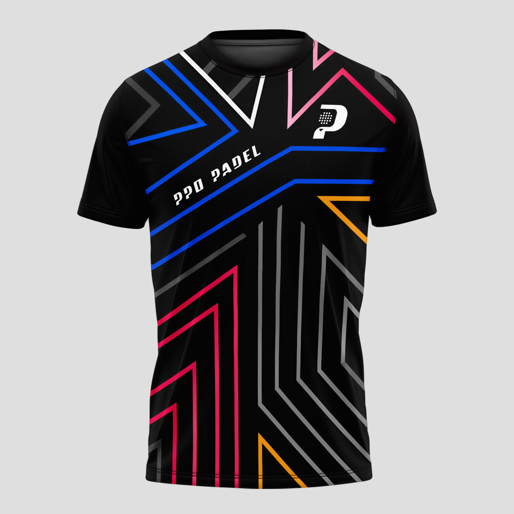 Patrón de Líneas Neón Multicolor Negro Destacado Camiseta de Pádel