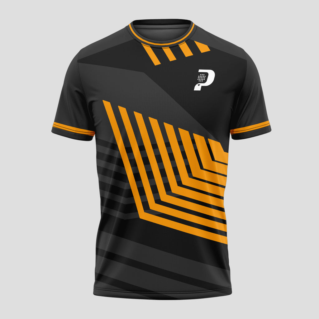 Negra Líneas Geométricas Naranja – Camiseta de Pádel