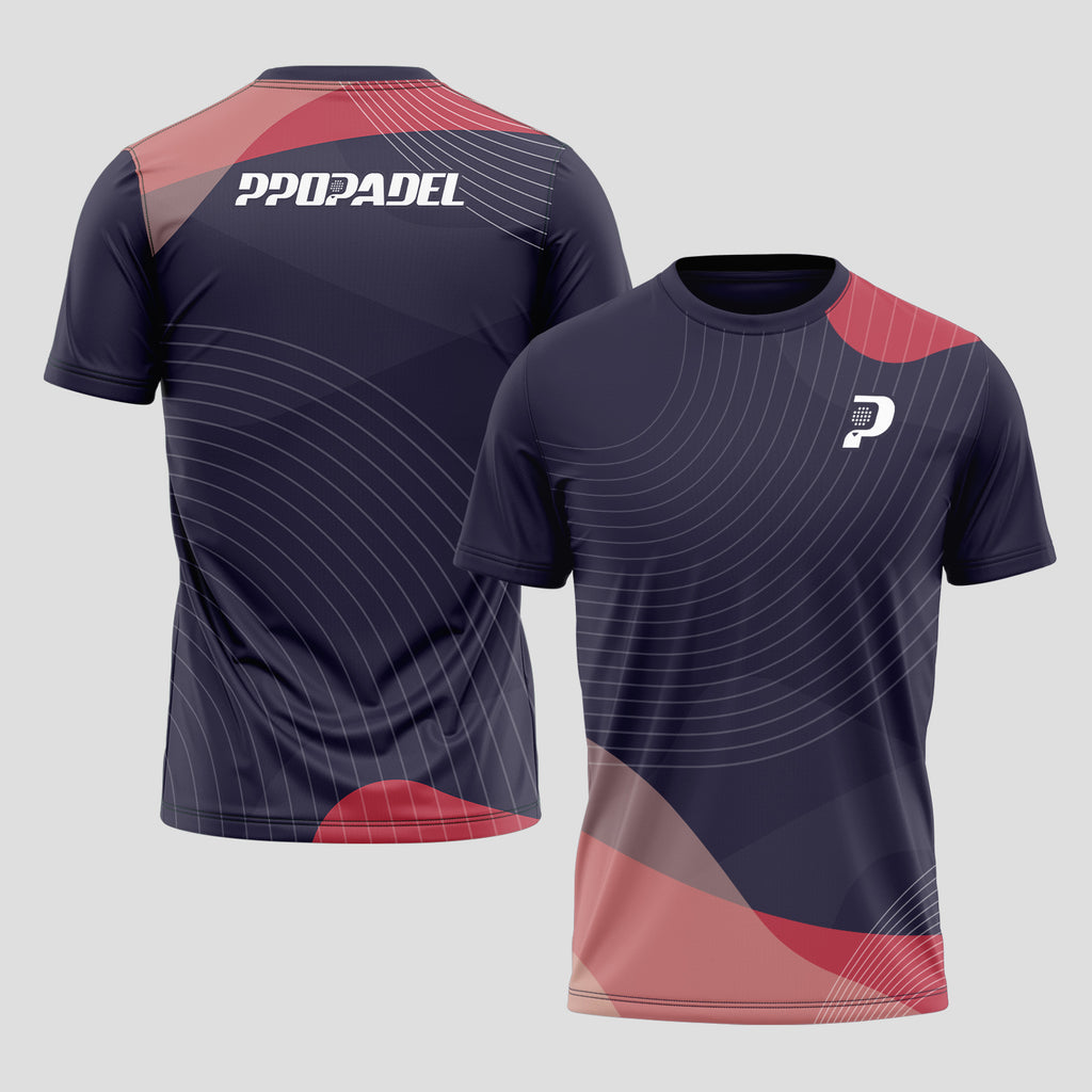 Fine Curved Lines Pattern Pink Red Black Padel T-Shirt