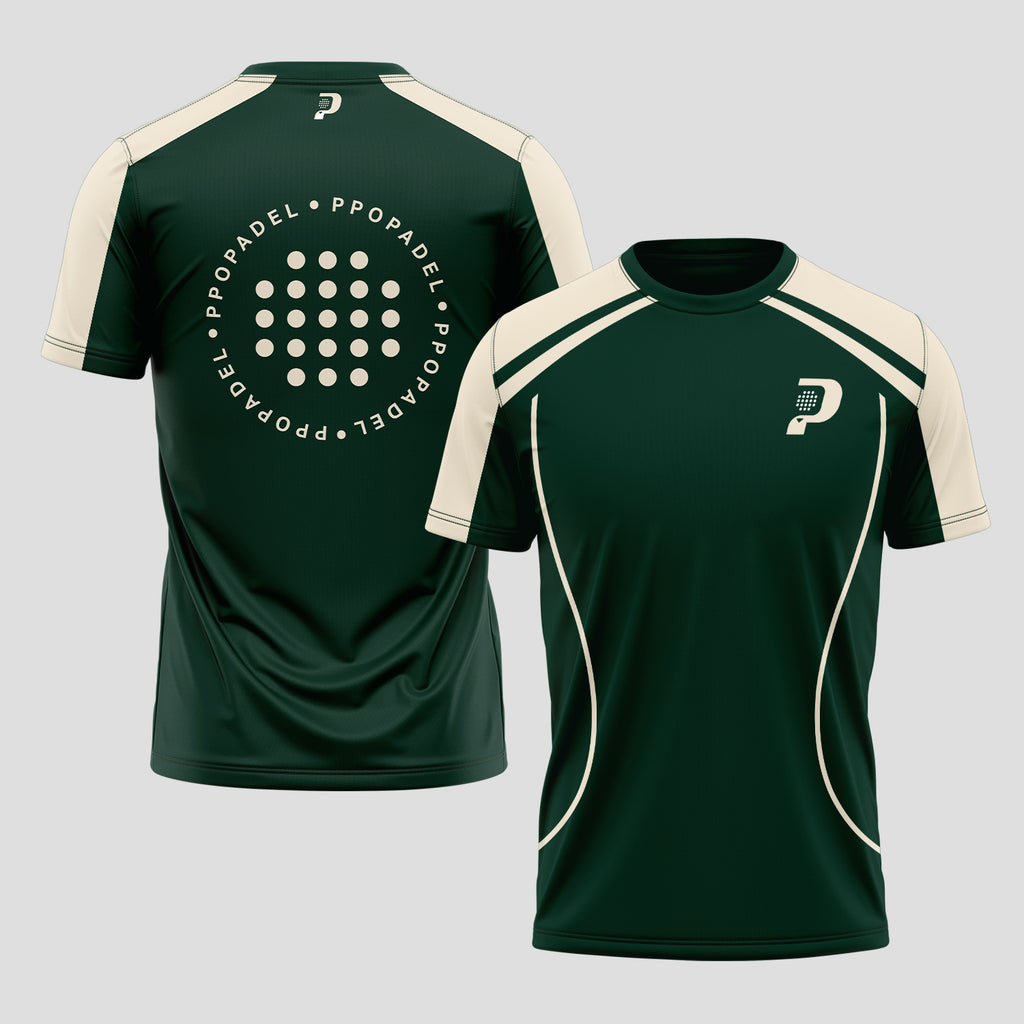Verde Oscuro Con Ribetes Beige Y Logotipo Camiseta De Pádel