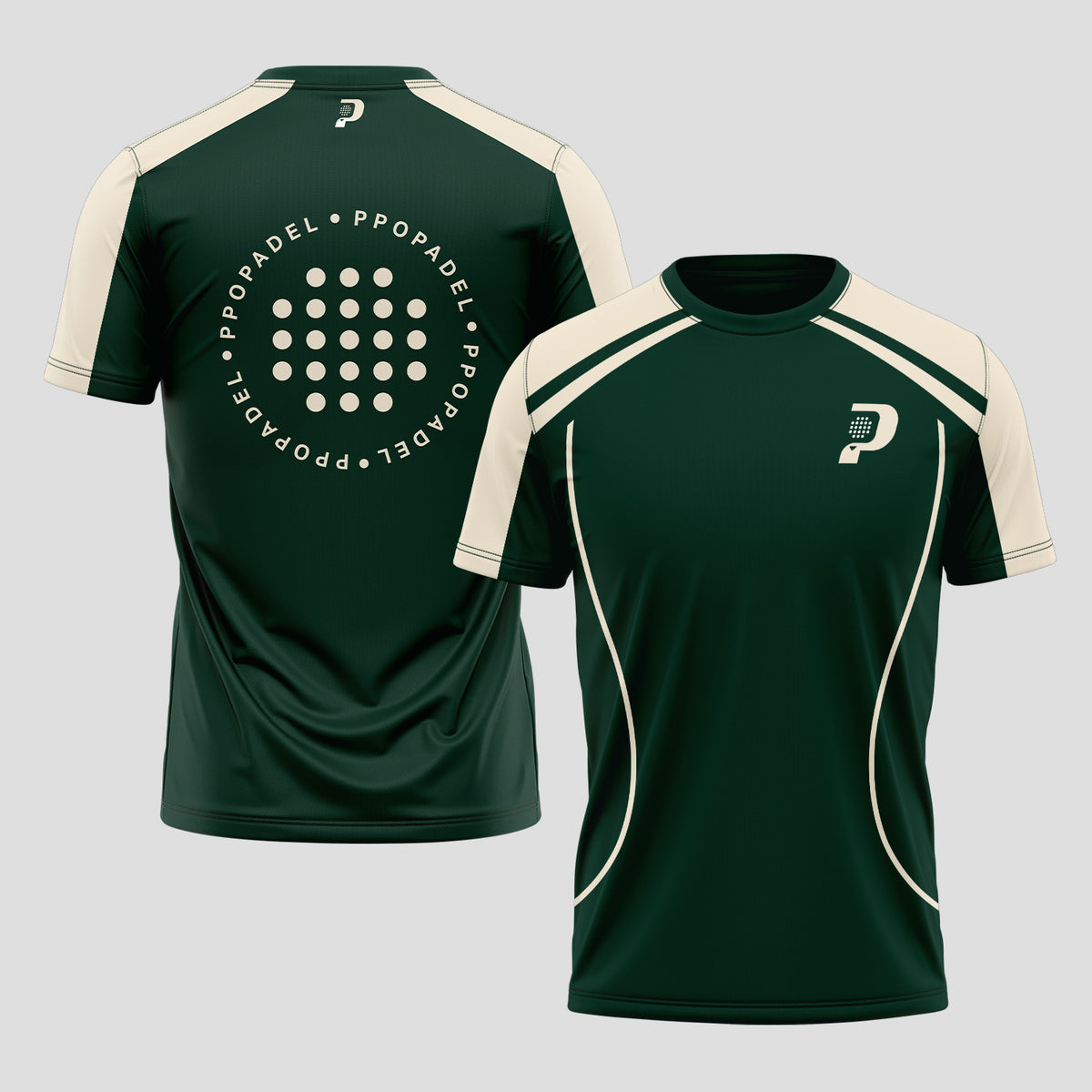 Verde Oscuro Con Ribetes Beige Y Logotipo Camiseta De Pádel