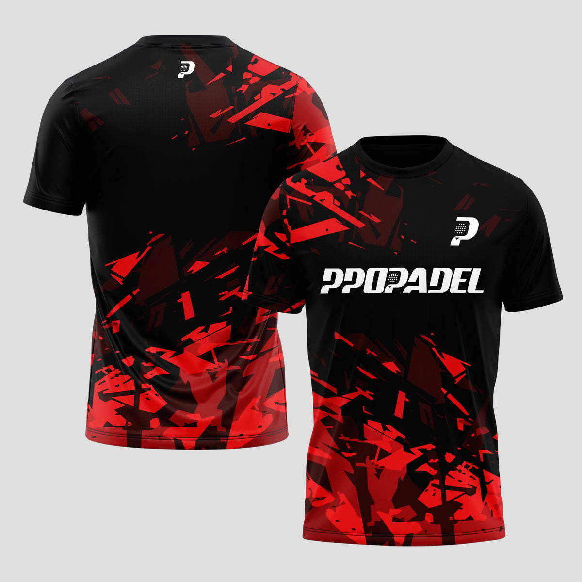 Negra Fragmentos Rojo Abstracto – Camiseta de Pádel