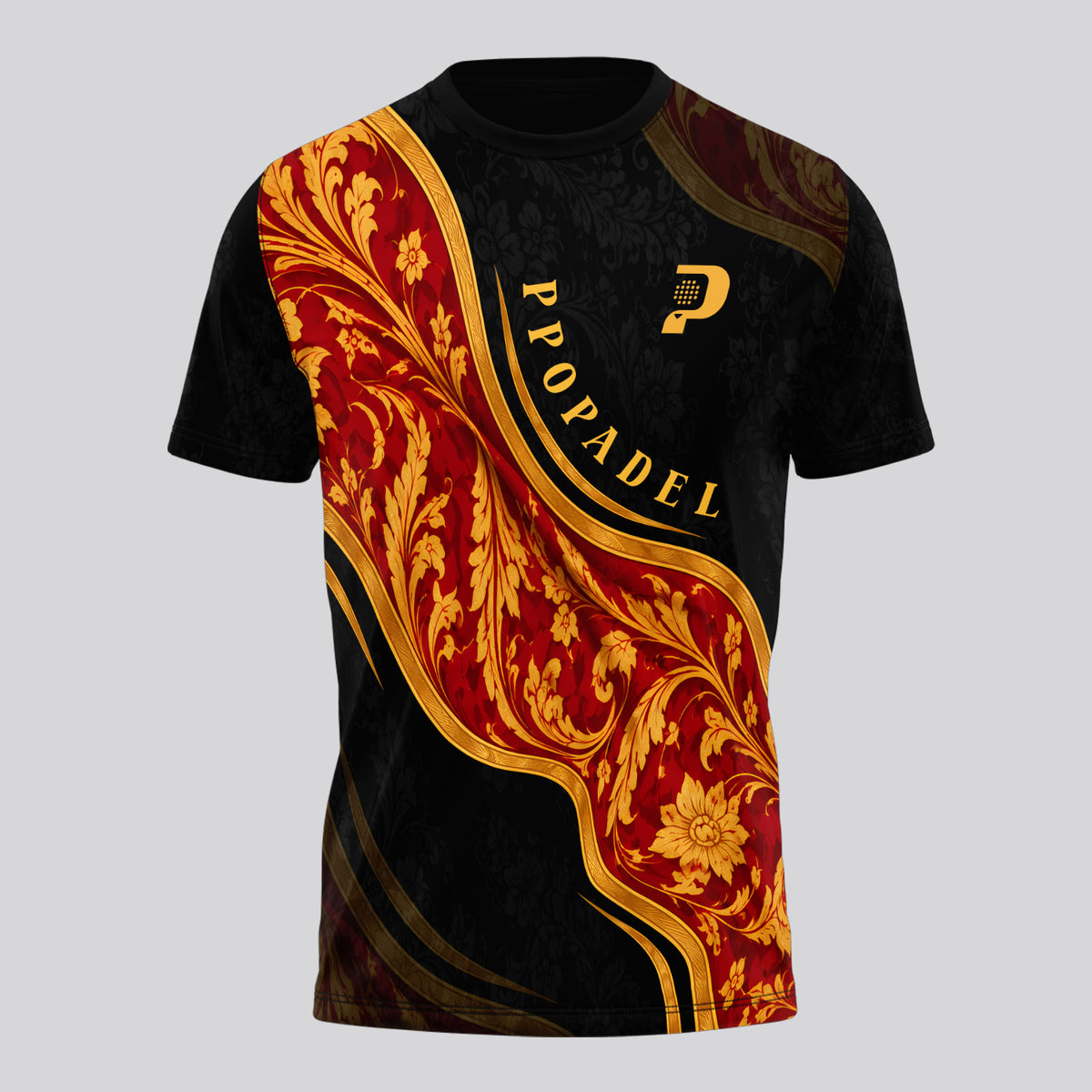 Baroque Design with Golden Leaves and Black Background Padel T-Shirt