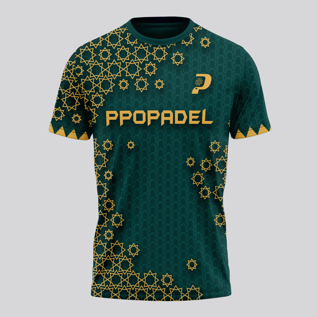 Verde Con Estampado Geométrico Dorado Camiseta De Pádel