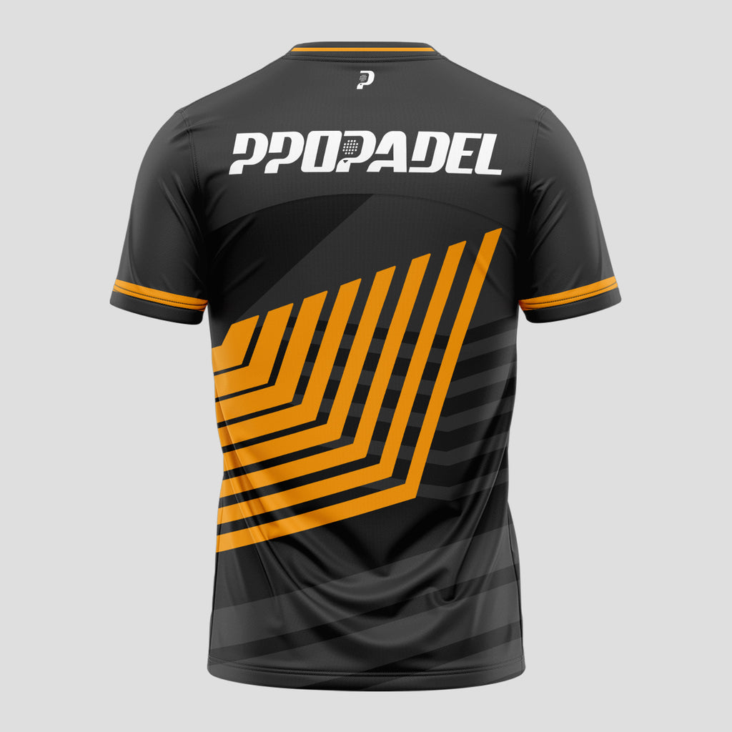 Negra Líneas Geométricas Naranja – Camiseta de Pádel