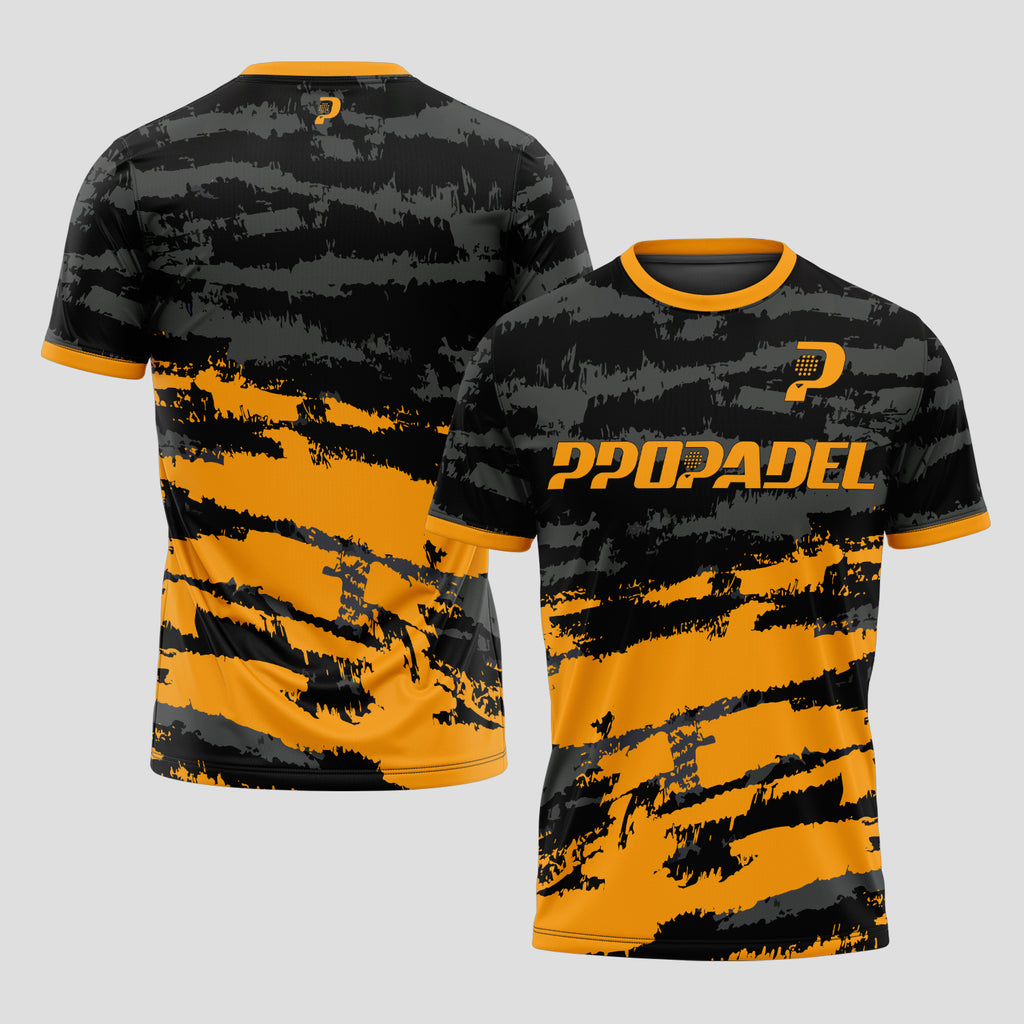 Negra Camuflaje Naranja y Gris – Camiseta de Pádel