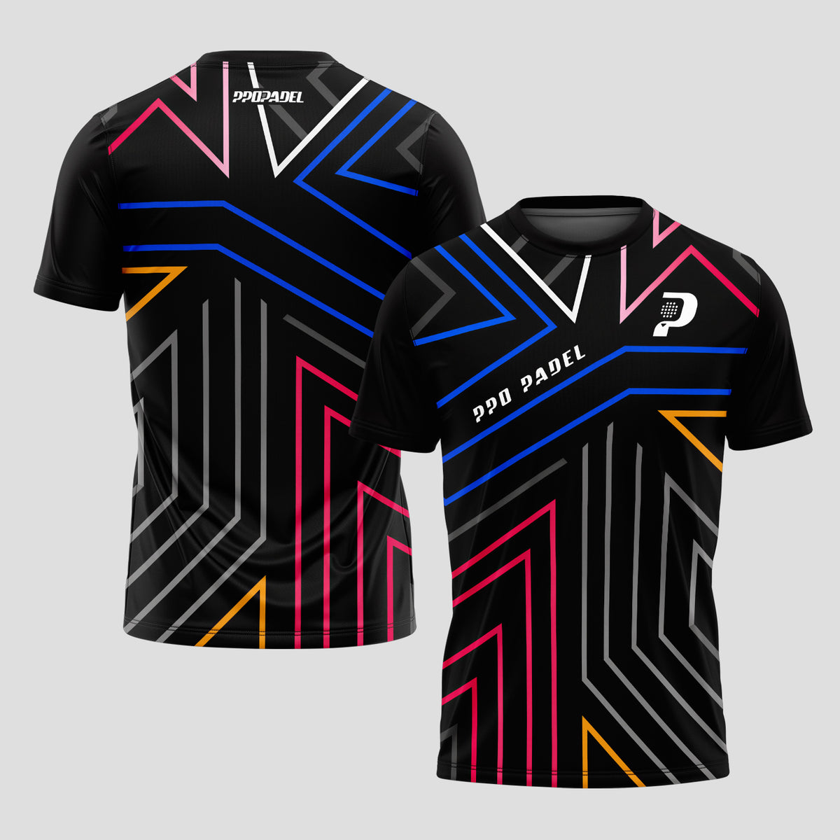 Patrón de Líneas Neón Multicolor Negro Destacado Camiseta de Pádel