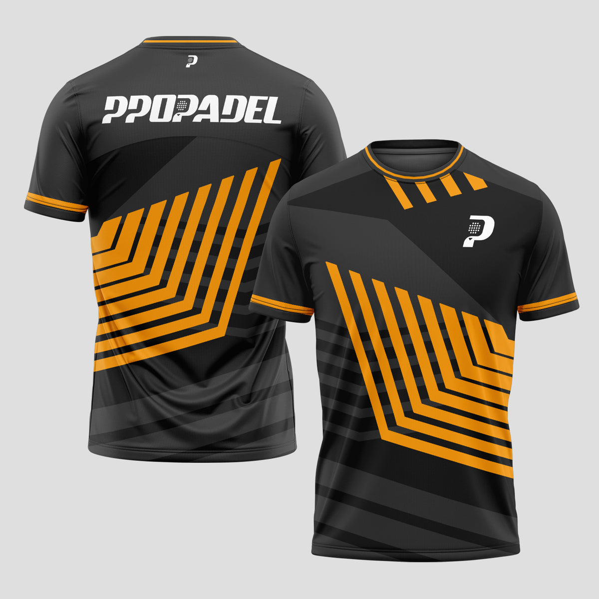 Negra Líneas Geométricas Naranja – Camiseta de Pádel