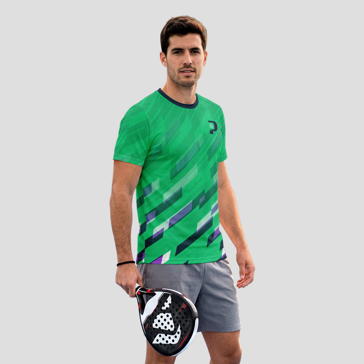 Verde Con Líneas Diagonales Multicolores Camiseta De Pádel