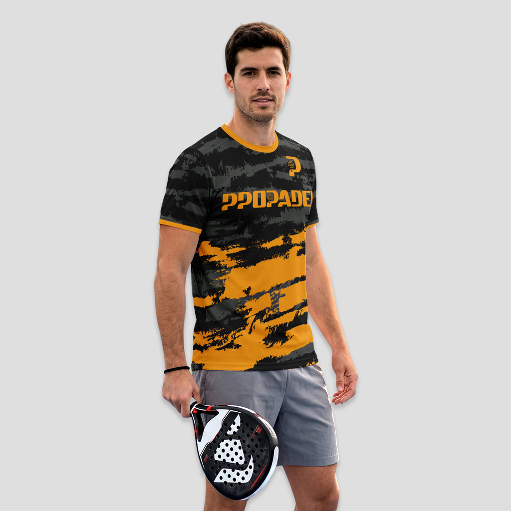 Negra Camuflaje Naranja y Gris – Camiseta de Pádel