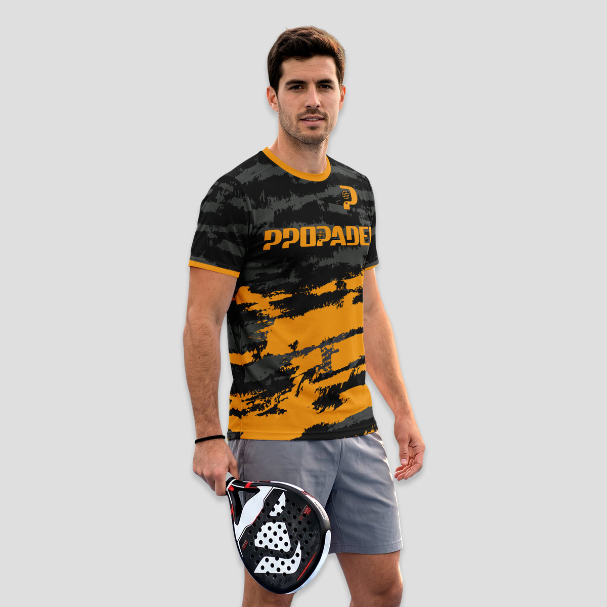Negra Camuflaje Naranja y Gris – Camiseta de Pádel