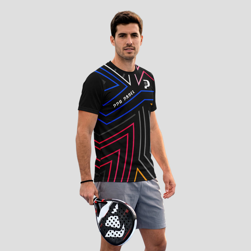 Patrón de Líneas Neón Multicolor Negro Destacado Camiseta de Pádel