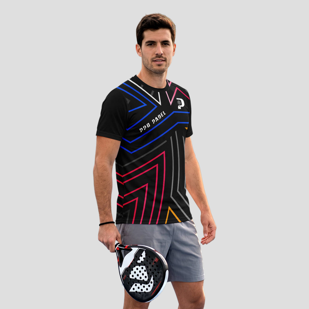 Patrón de Líneas Neón Multicolor Negro Destacado Camiseta de Pádel