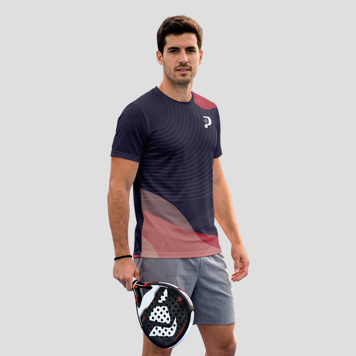 Patrón De Líneas Curvas Finas Rosa Rojo Negro Camiseta De Pádel