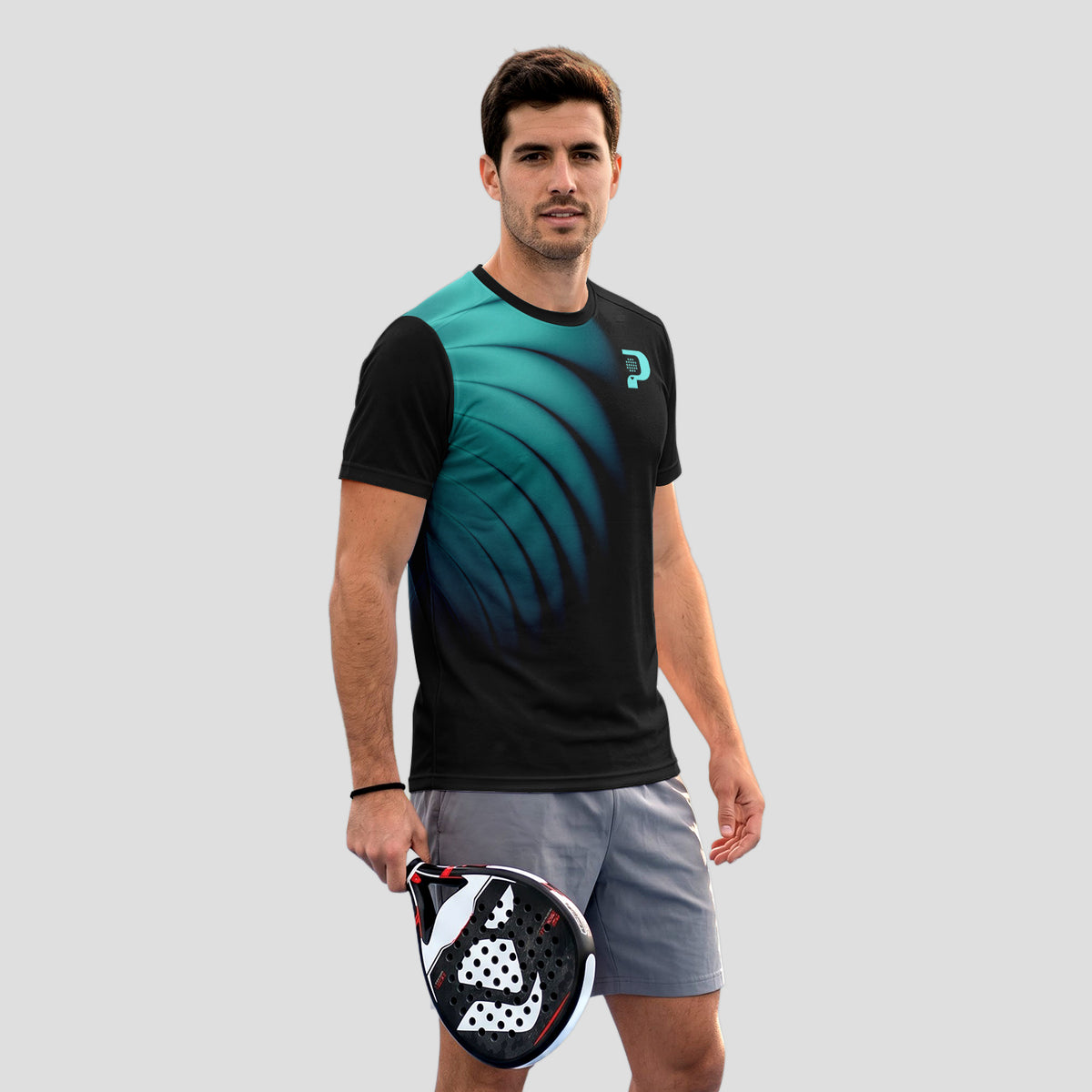 Diseño de Ondas Teal y Negro Destacado Camiseta de Pádel