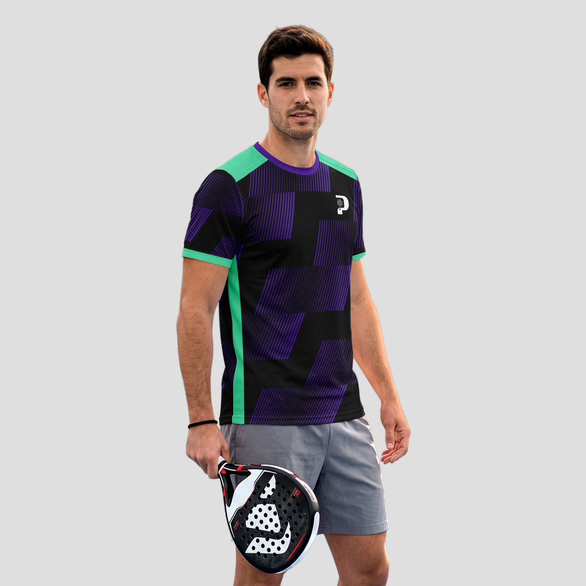 Morado y Verde Menta Geométrico – Camiseta de Pádel