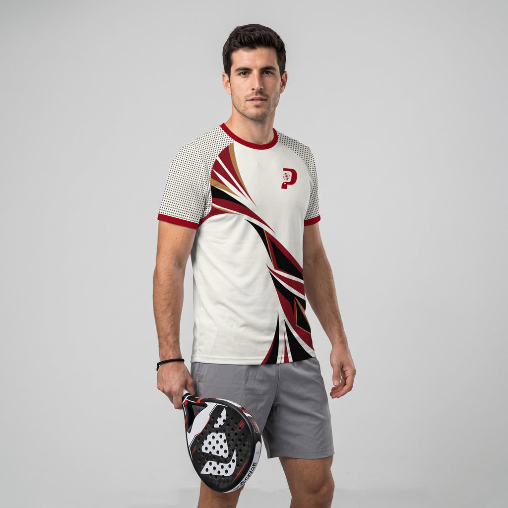 Patrón Espiral Rojo Granate Destacado Camiseta de Pádel
