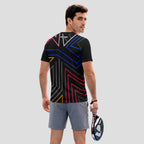 Patrón de Líneas Neón Multicolor Negro Destacado Camiseta de Pádel