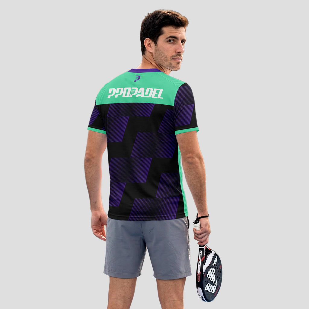 Morado y Verde Menta Geométrico – Camiseta de Pádel
