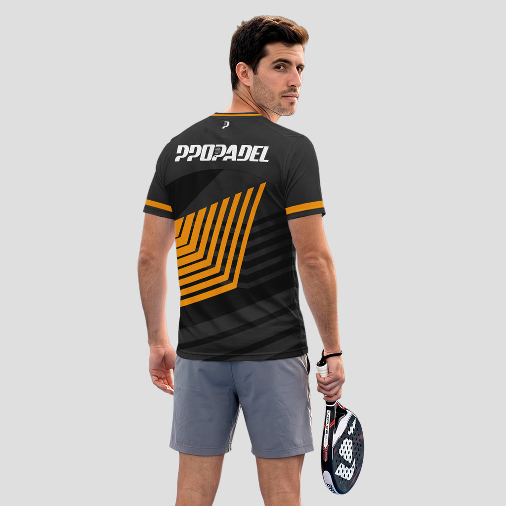 Negra Líneas Geométricas Naranja – Camiseta de Pádel