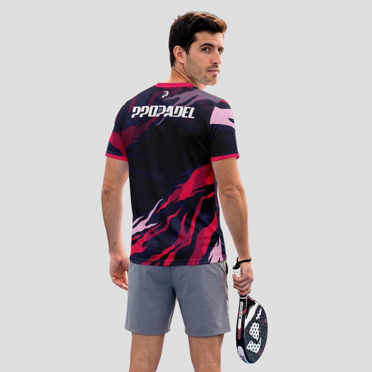 Rosa Fucsia y Azul Marino Llamas – Camiseta de Pádel
