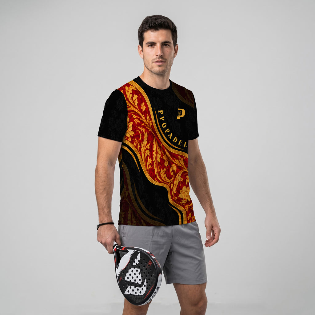 Baroque Design with Golden Leaves and Black Background Padel T-Shirt