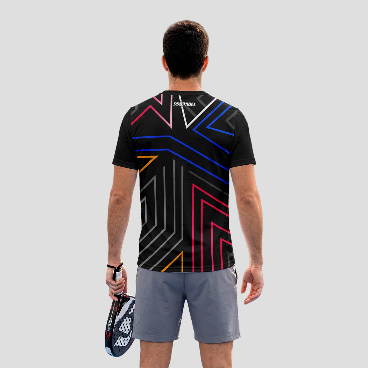 Patrón de Líneas Neón Multicolor Negro Destacado Camiseta de Pádel