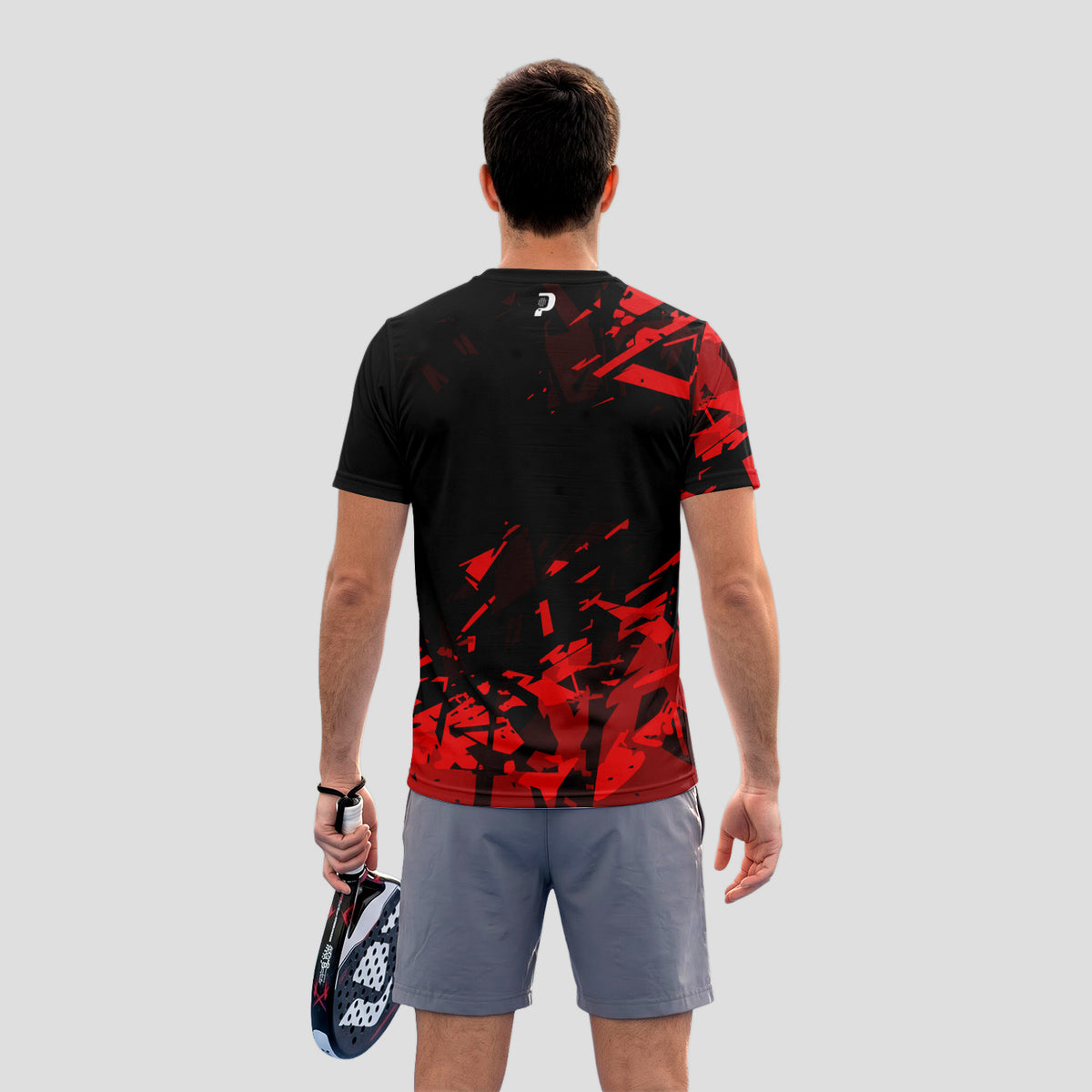 Negra Fragmentos Rojo Abstracto – Camiseta de Pádel