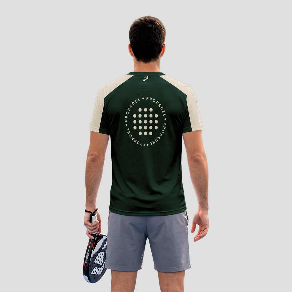 Verde Oscuro Con Ribetes Beige Y Logotipo Camiseta De Pádel