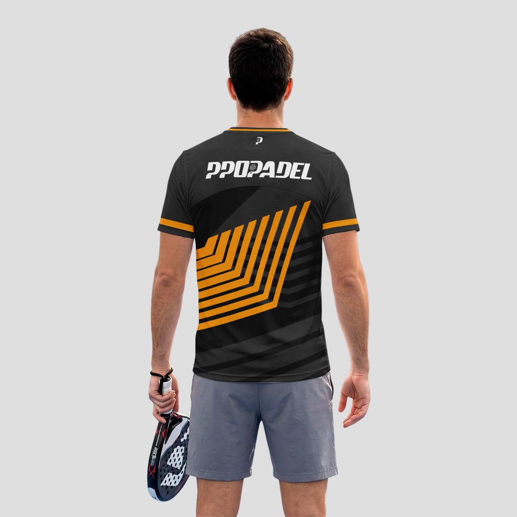 Negra Líneas Geométricas Naranja – Camiseta de Pádel