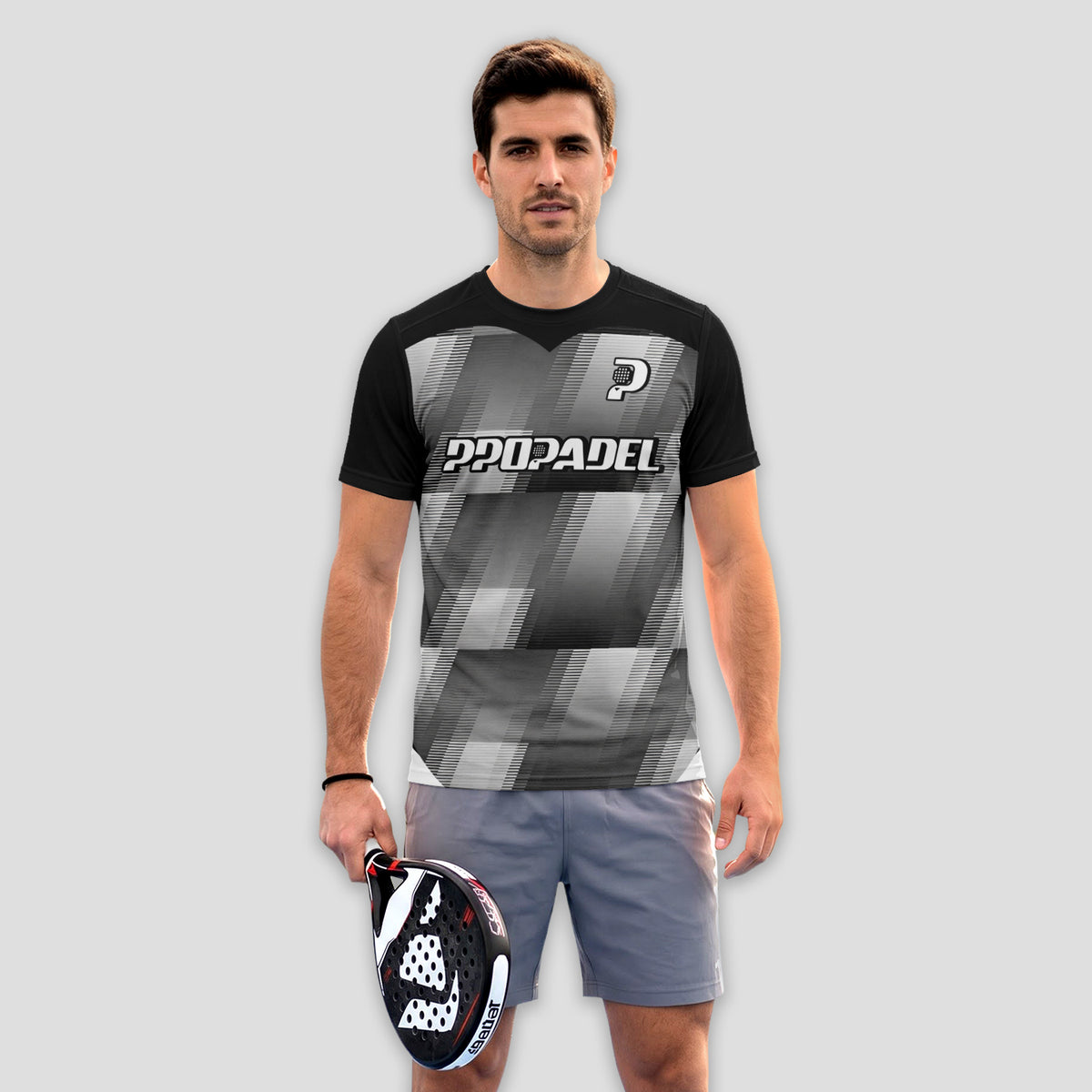 Black with Grey White Geometric Print Padel T-Shirt