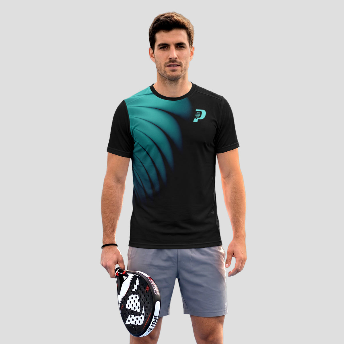 Diseño de Ondas Teal y Negro Destacado Camiseta de Pádel