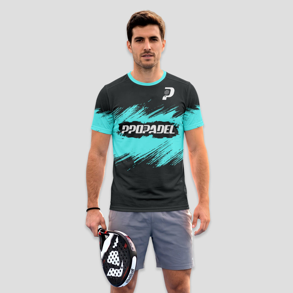 Diseño Dinámico Turquesa y Negro – Camiseta de Pádel