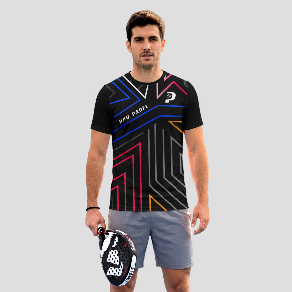 Patrón de Líneas Neón Multicolor Negro Destacado Camiseta de Pádel