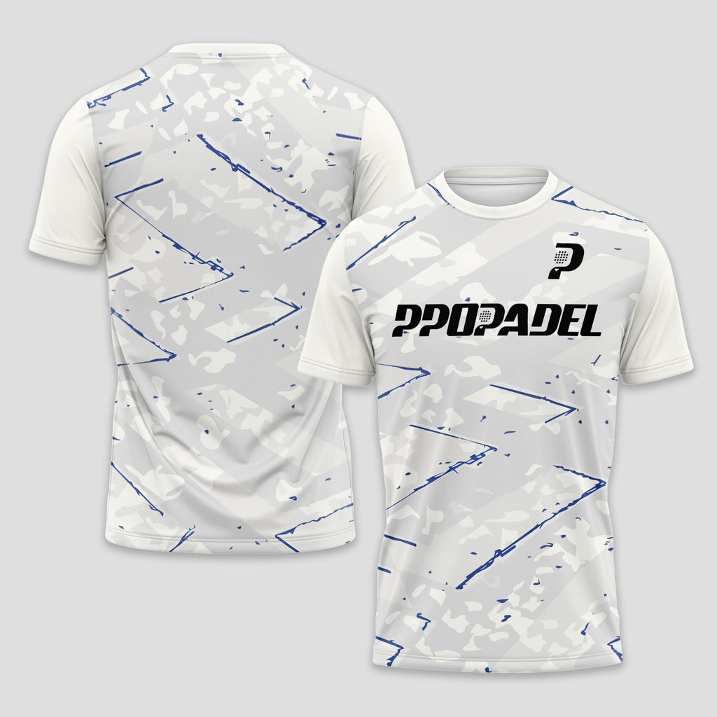 White Blue Geometric Lines – Padel T-Shirt