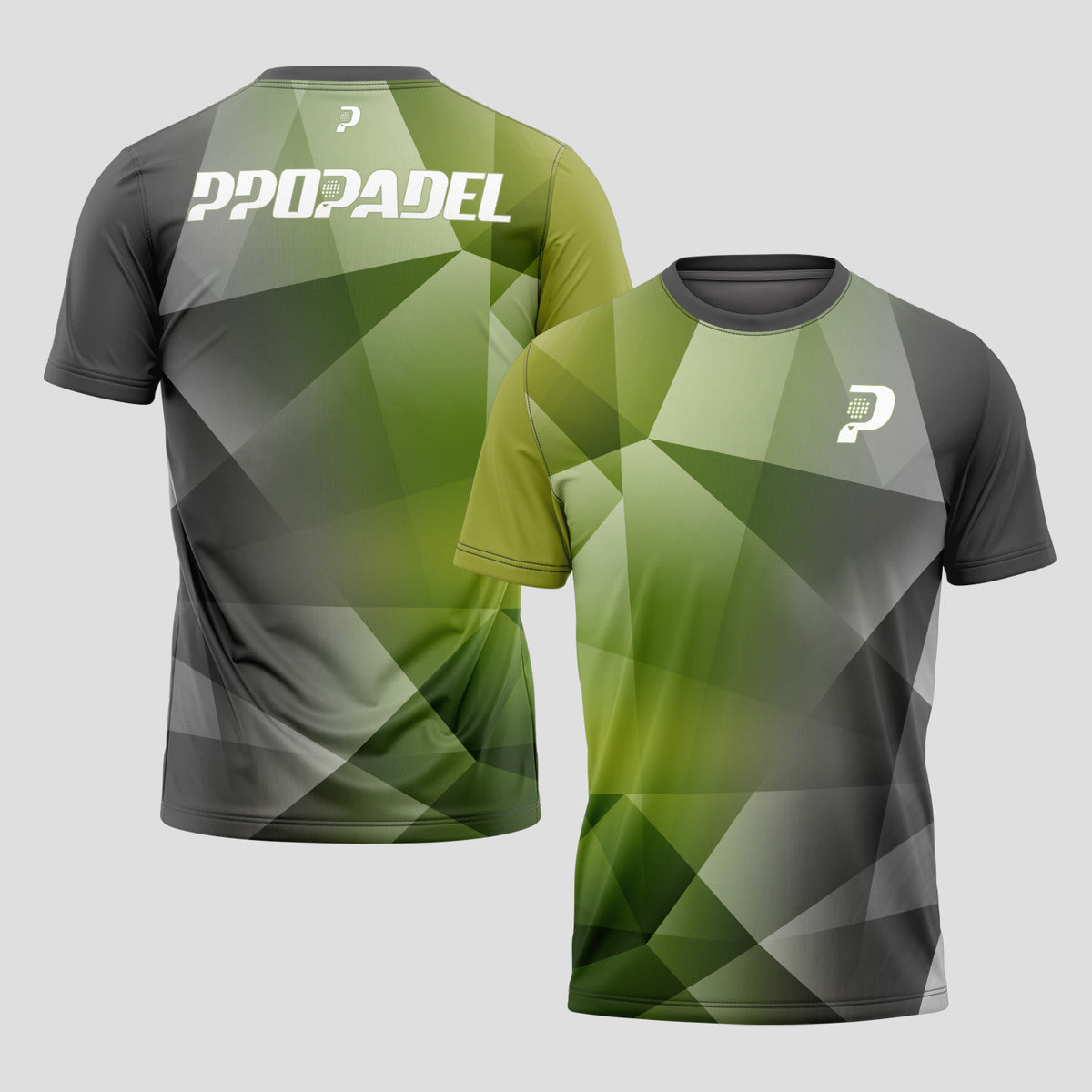 Patrón de Polígonos Verde Musgo Gris Camiseta de Pádel